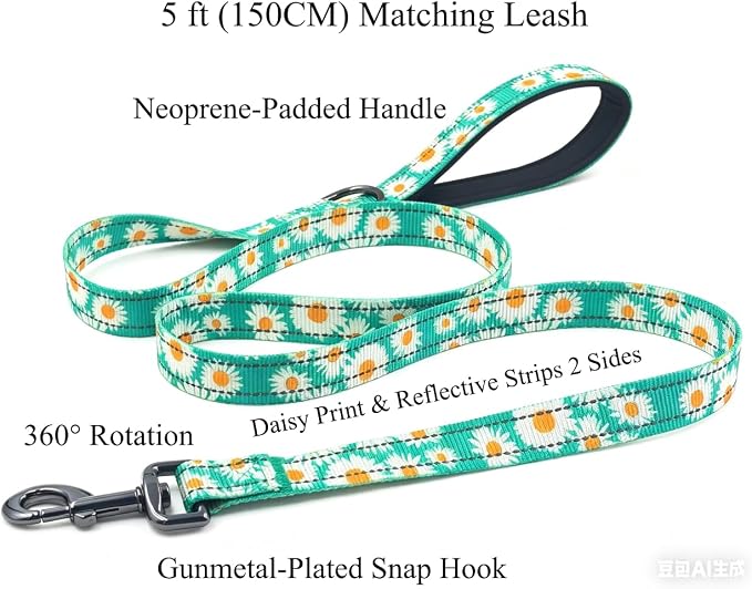 Dog Collar Leash Set, Floral Pattern, with Safety Reflective Strips, 5 ft Matching Leash, Neoprene Padded Handle, Adjustable 4 Sizes for Small Medium Large Dogs.(XS, Green Daisy)