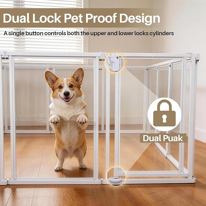 24" H Clear Dog Playpen Indoor, Metal Frame Acrylic Dog Play Pen Cage with Door - 8 Panels, Easy Assemble Pet Fence, DIY Foldable Puppy Pen for Ducks Cat Rabbit Small & Medium Pets- White