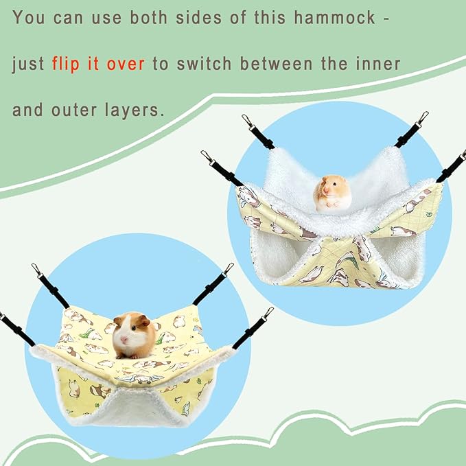 Small Pet Hammock & Tunnel Set for Ferrets, Guinea Pigs, Rats - Plush Hideout Bed & Cage Toy, 2-Pack, Yellow Guinea Pig Print