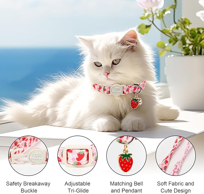 2 Pack Pink Cat Collars - Cute Strawberry & Bow Breakaway Cat Collars, Adjustable Girly Pink Kitten Collar for Small Dogs Puppy, Spring Summer Pet Safety Collar with Bell & Pendant