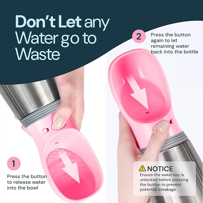 MalsiPree Insulated Dog Water Bottle - 24 Oz, Pink - Leak-Proof Stainless Steel Portable Travel Dispenser & Bowl for Trail Hiking, Park Visit, Camping & Beach Days