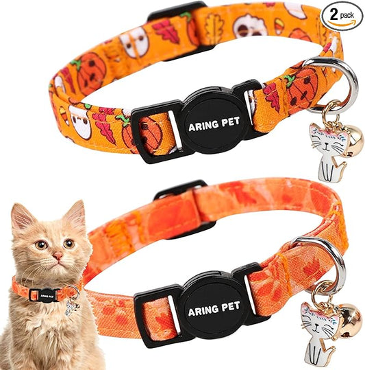 ARING PET 2 Pack Fall Cat Collars-Cute Cat Collar Breakaway with Bell & Pendant, Adjustable Fall&Halloween Kitten Collars with Safety Buckle for Girl and Boy Cats