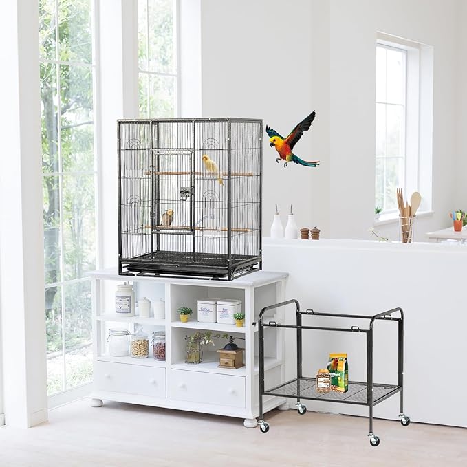 53 Inch Wrought Iron Large Bird Cage,53" Large Flight Bird Cage with Rolling Stand & Storage Shelf for Parrots Lovebird Cockatiel Parakeets, Black