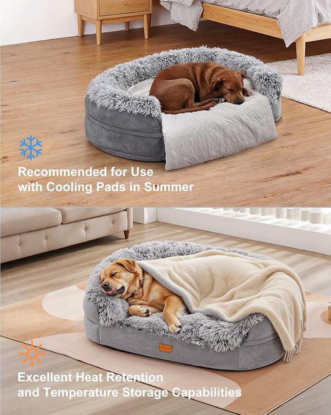 iweepet 3.7 inch Thickened Orthopedic Dog Beds for Jumbo Dogs, Curved Bolster Support Dog Couch with Removable & Washable Fluffy Cover, Orthopedic Oval Memory Foam, Non Slip Bottom,Grey