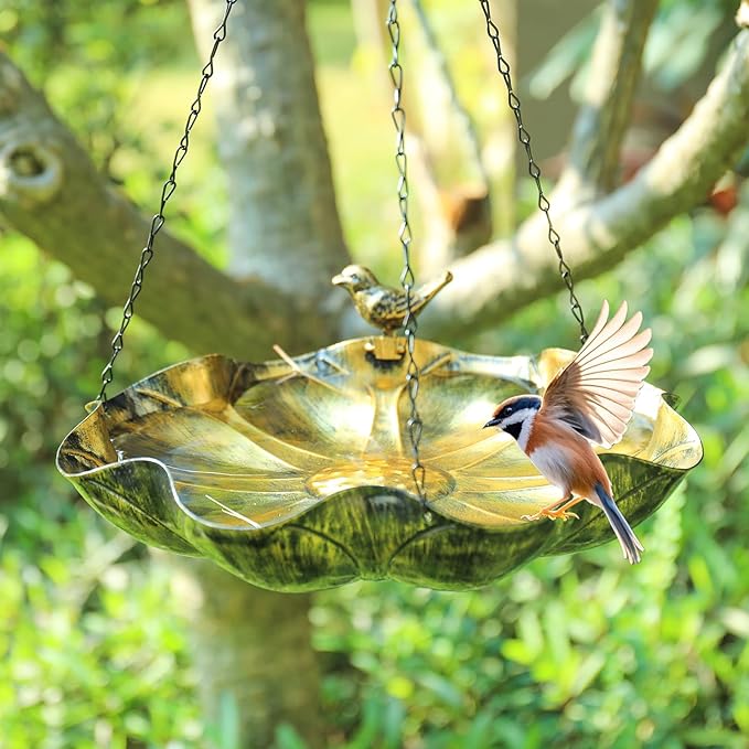 MUMTOP Hanging Bird Baths for Outdoors - Metal Bird Bath, 11.6 Inch Flower Shape Birdbath Bird Feeder Bowl for Outside, Garden, Lawn Yard Decor(Silver)