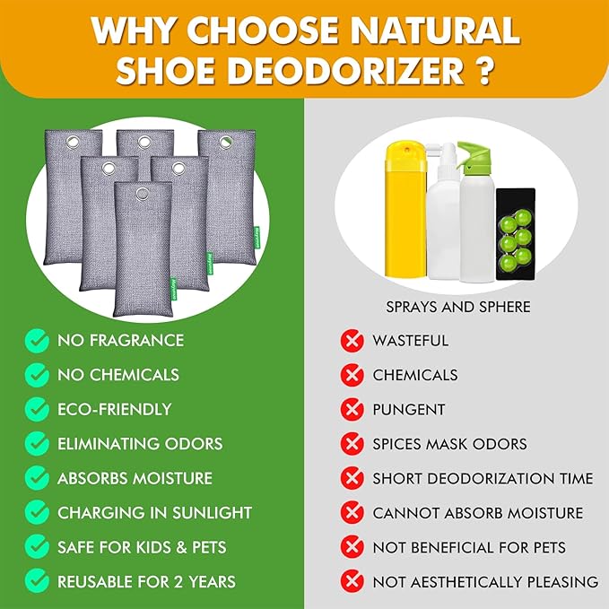 Activated Charcoal Odor Absorber, Natural Shoe Deodorizer Insert, Sneaker Odor Eliminator and Moisture Absorbers. 2 Pack Bamboo Charcoal Air Purifying Bags Shoe Smell Remover