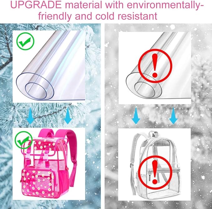 17" Daisy Clear Backpack for Girls - Flip Design Stadium Approved 3Pcs Set, Heavy Duty PVC Bookbag for Concert/School (Rose)
