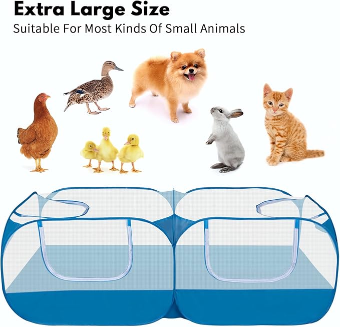 Small Animals Playpen with Detachable Bottom, Breathable Mesh Walls, Portable Indoor/Outdoor Pet Cage Tent for Rabbits, Puppies, Kittens, Chicks (Blue)