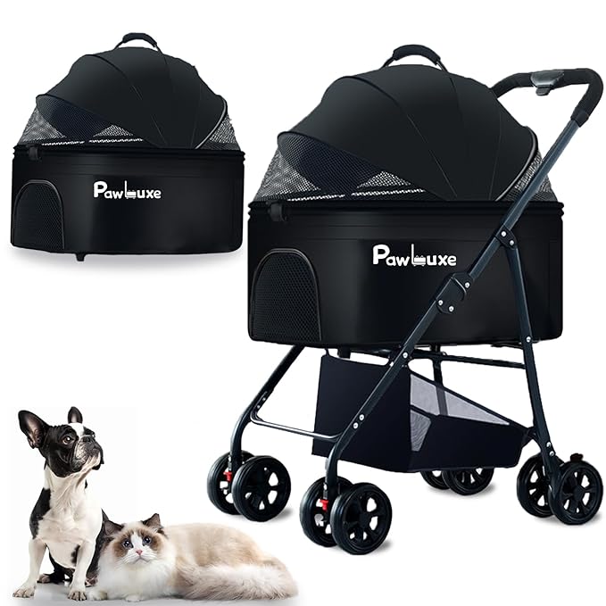 4 Wheels Pet Stroller 4 in 1 Pet Stroller with Detachable Carrier for Small & Medium Dogs Cats up to 55 lbs Easy-Folding Travel Dog Wagon with Car Seat Breathable Mesh,Black