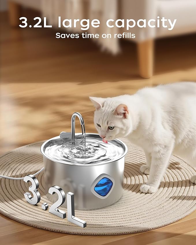 Cat Water Fountain Stainless Steel - 108oz/3.2L Pet Gift Dog Water Dispenser Automatic Silent Cats Dispenser for Drinking Indoor Metal Kitty Spout Fountains (Cat Fountains 2 Filters + 2 Sponges)
