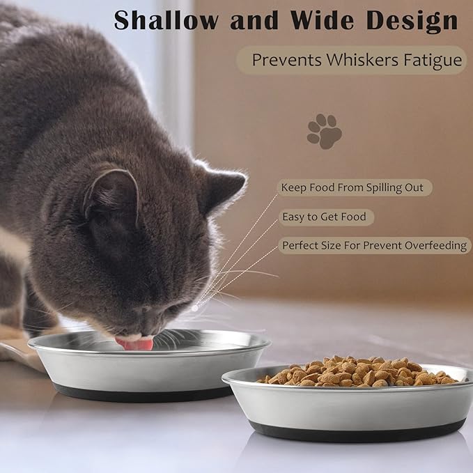 WROSWT Stainless Steel Cat Bowls,Whisker Friendly Shallow Cat Dishes for Food and Water,Non-Slip Silicone Bottom,Heavy Duty,Replacement Kitten Metal Plate for Elevated Stands,3 Pack