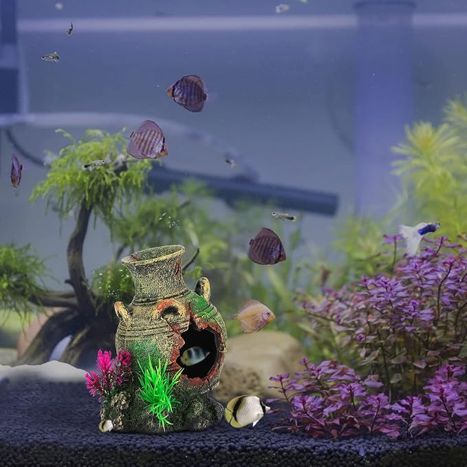 Aquarium Decorations Big Cave Fish Tank Large Vase Jar Jug Sunken Ornament Landscaping Rocks Saltwater Freshwater Small & Medium Fish Garden Pond Ornaments Resin