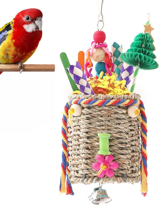 RLRICH Bird Toys Parrot Foraging Toys, Seagrass Basket Bird Chewing Toys with Colorful Tearing Paper Bamboo Fingers Natural Nut Wooden Blocks for Small Medium Parrot Bird