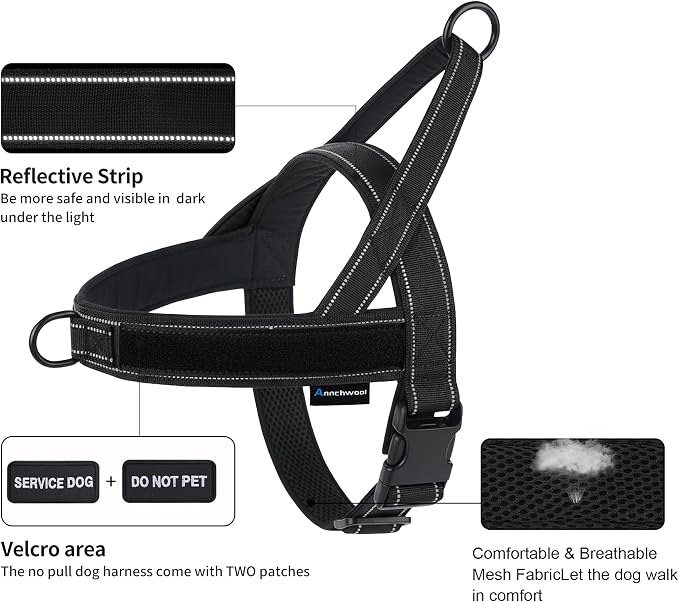 Annchwool No Pull Dog Harness,Heavy Duty Reflective Collar & Leash Set-Dog Leash with Double Handle & Car Seatbelt Clip-Easy Control for Walking Training Medium Large Size Dogs(Black,S)