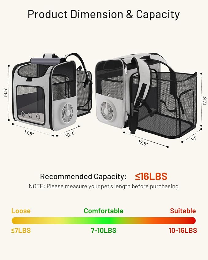 Smart Cat Backpack Carrier with Built-in Cooling Fan & Heating Pad, Expandable Pet Backpack for Cats and Small Dogs up to 16 lbs, Ventilated Travel Carrier for Hiking, Walking & Outdoor