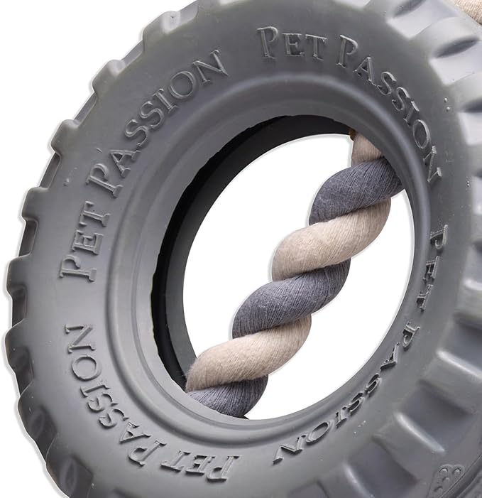 Pet Passion Natural Rubber Tire and Organic Cotton Rope Pull and Chew Dog Toy for All Pet Breeds, Gray, Medium