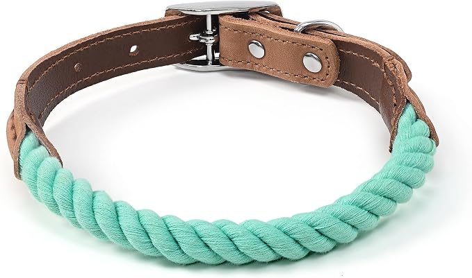 Mile High Life Genuine Leather Dog Collar, Durable Braided Cotton Rope Collar with Metal Pin Buckle for Small Medium Large Dogs (Green, L Neck 17"-21")