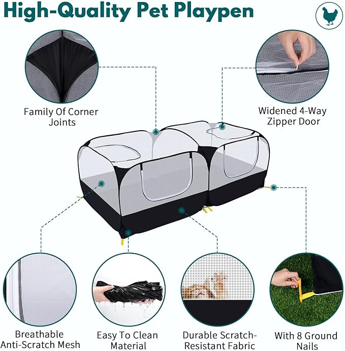 Small Animals Playpen,Pet Cage Tent Large Chicken Run Coop with Detachable Bottom Breathable Transparent Mesh Walls, Foldable Pet Enclosure for Puppy Kitten Rabbits Indoor Outdoor Playpen