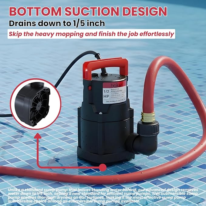 Sump Pump, Submersible Water Pump, 1/2HP Submersible Pump, Water Removal Pump With 10Ft. Garden Hose for Pool Draining, Hot Tub & Basement, Portable Pump with 25ft Long Cord & Garden Hose Adapter