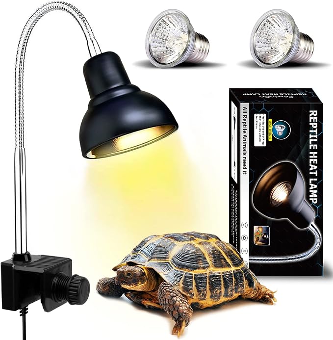Reptile Heat Lamp, Lamp for Aquarium Turtle Tank with 25w+50w Basking Spot Light Bulbs and 360° Swivel Clamp for Turtle, Snake, Lizard, Cockatoo, Chameleon Etc, Yellow