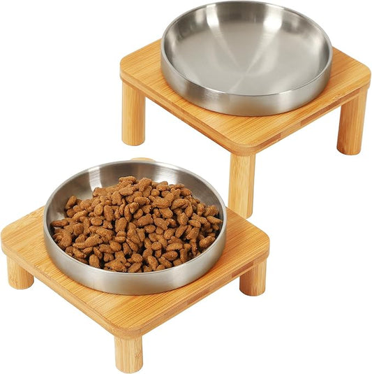 DoogCat Elevated Cat Bowls for Indoor Cats – Raised Bamboo Cat Bowl Stand with 5.5 Inch Wide Stainless Steel Dishes, Pet Food Table Plate for Easy Feeding, Whisker Friendly(Silver,Set of 2)
