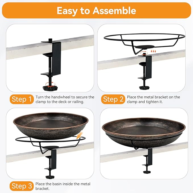 Deck Mounted Bird Bath, Easy to Clean12 Detachable Bath Bowl, Metal Birdbath for Outside with Sturdy Adjustable Clamp for Railing Balcony Fence Outdoor Decor 0.7 Gallon