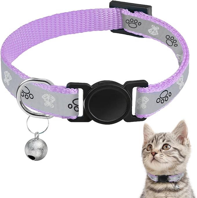 Cat Collar Breakaway, Reflective Kitten Collar with Bell, Safety Buckle Kitten Collar, Lightweight, Adjustable, Comfortable, Suitable for Boy Girl Cats (7"-13") Lilac