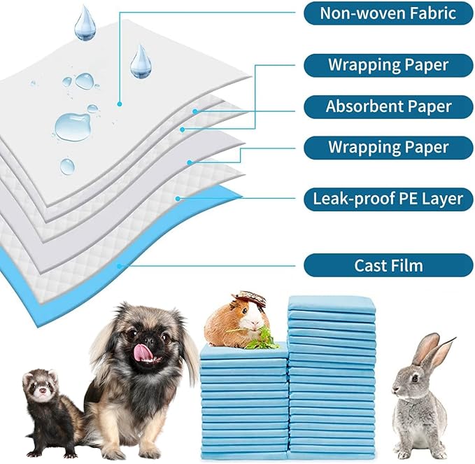 Rabbit Pee Pads Disposable Cage Liners Absorbent Leak-Proof Diaper Mat Small Animal Toilet Potty Training for Squirrel Guinea Pig Ferret Hedgehog Hamster Chinchilla Puppy (20PC, Blue)