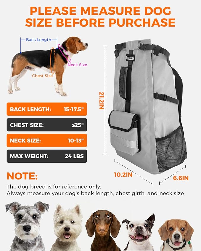 Dog Backpack Carrier for Small Dogs - 4-Layer Protection, Under 24 lb, Waterproof, Adjustable Dog Hiking Backpack with Storage Pockets, Reflective Strips, Non-Slip Handle for Travel - Grey
