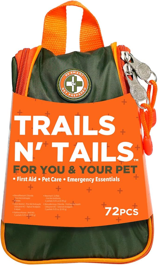Be Smart Get Prepared Trails N’ Tails First Aid For You & Your Pet - 72 Pieces - Pet Care & Emergency Essentials - Designed for Pets, Outdoor, Auto & Home - Compact & Portable