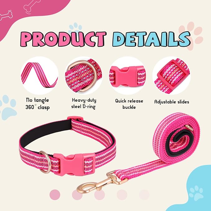 Reflective Dog Collar and Leash Set, Nylon Dog Leash with Heavy-Duty Steel D-Ring, Adjustable with Quick Release Buckle for Small Dogs,Hot Pink S