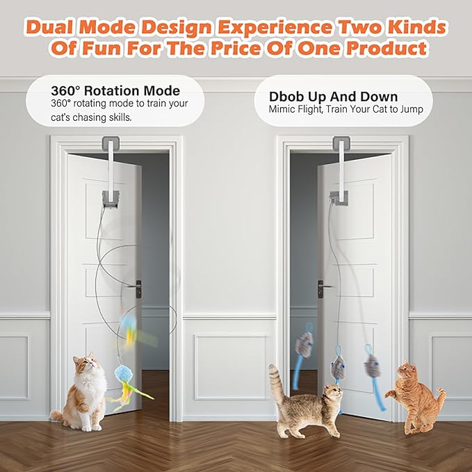 Automatic Rechargeable Cat Teaser, Door Mount Hanging Interactive Cat Toy, 360° Spinning & Irregular Jumping Motion Modes, Smart Electric Cat Exercise Toy for Indoor Cat Self Play, Grey