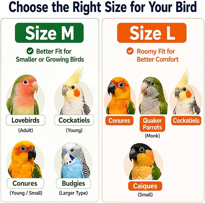 Budgerigar Lovebird Bird Diaper and Leash Set, Small Bird Diaper and Harness, Reusable Flight Suit for Small Parrots Young Cockatiels Conure/Adult Parakeet Lovebird (M)