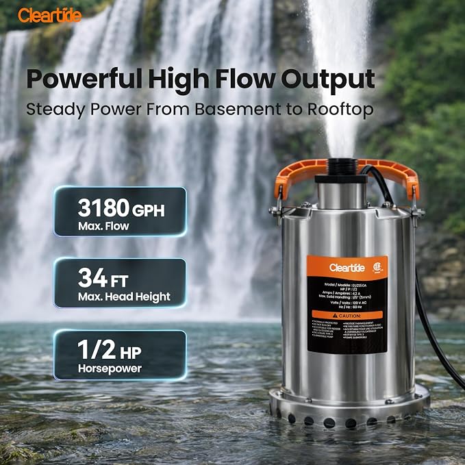 Stainless Steel Submersible Utility Water Pump, 1/2 HP 3180 GPH, Thermoplastic Portable Plug & Work, Ideal for Pool, Flooded Basement, Hot Tub, Pond & Garden Draining, 10 FT Cord