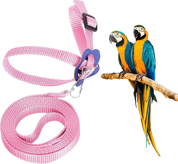 Bird Harness and Leash, 120cm Pet Parrots Adjustable Nylon Anti‑Bite Training Rope for Outdoor Flying Parrot Harness Leash Training Supplies for Parrots Alexandrine, Scarlet, Keck, Mini Macaw(Pink)