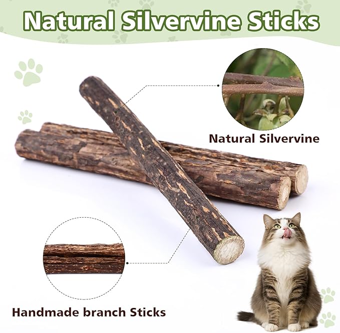 WOUSEDO 7 Pack Silvervine Sticks Cat Toy for Cats with Catnip & Matatabi Ball, Natural Chew Toys for Anxiety Relief & Dental Care, Teeth Cleaning Sticks for Indoor Cats & Kittens