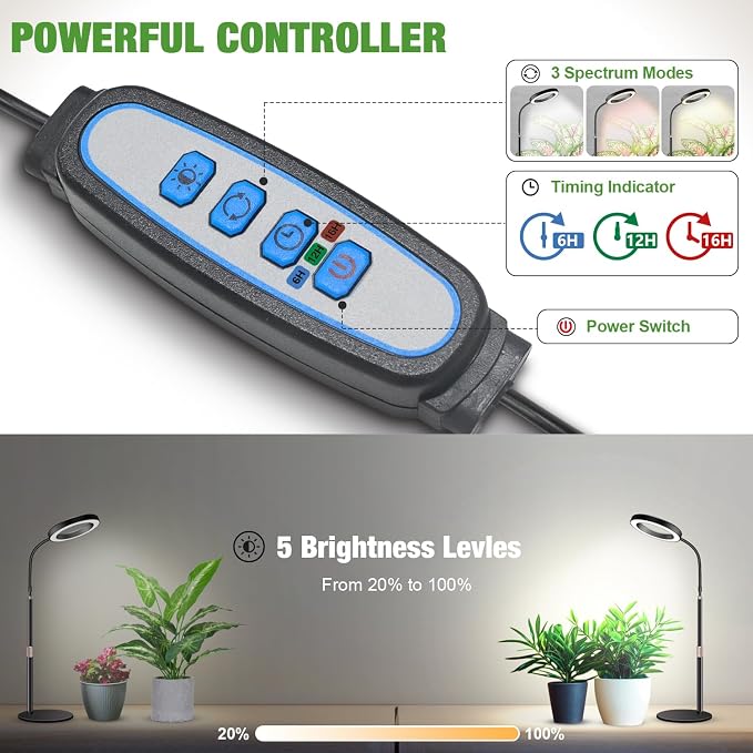 Grow Lights for Indoor Plants, 80 LEDs, Height Adjustable 16.5-25" | Full Spectrum, Auto Timer 6H/12H/16H, 5 Dimmable Levels, Flexible Gooseneck 6000K, Desk Plant Light with Base