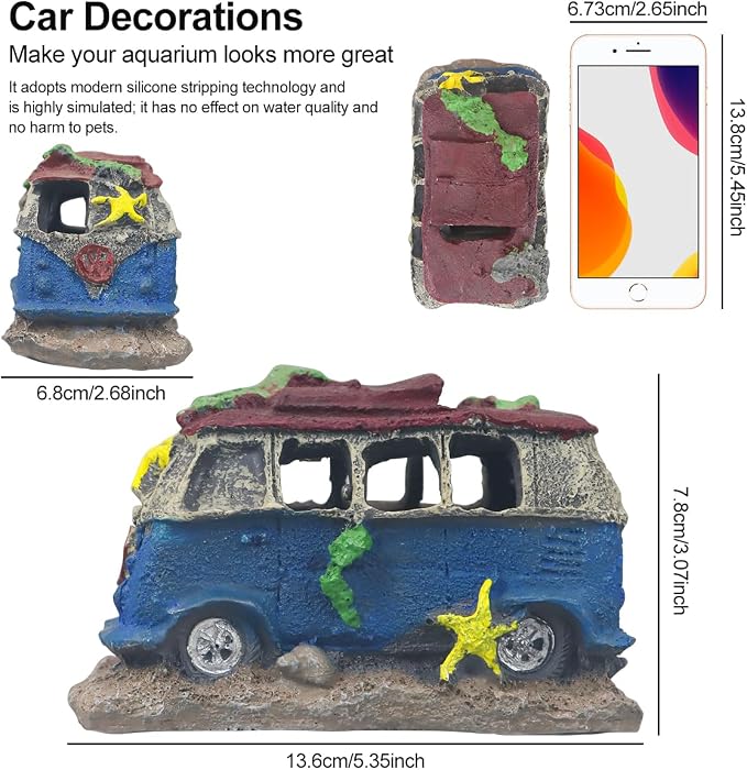Virekm Resin Rock Cave Hideouts for Fish Tank Aquarium Decor | Safe Natural Design Aquarium Ornaments for Betta, Goldfish, Shrimp, Easy To Clean Tank Landscape Decor (School Bus)