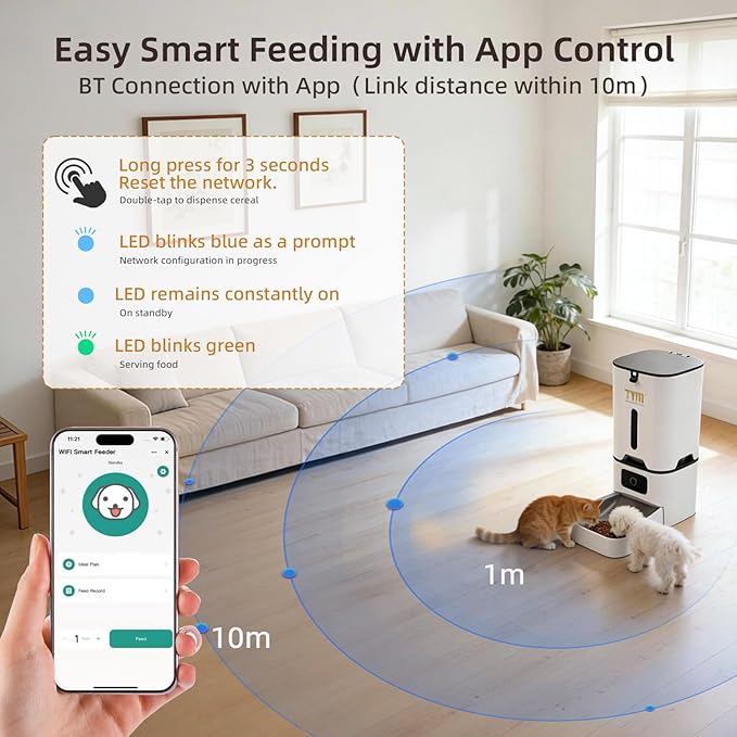 TYM Automatic Cat Feeder, 7L Time Cat Food Dispenser for Dry Food, APP Control Pet Feeder Programmable Portion Size, Auto Feeder for Cats Small Dogs with Stainless Bowl, Large Capacity (Not WiFi)
