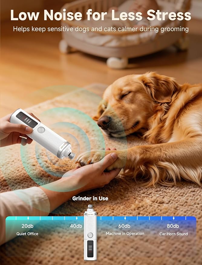 Dog Nail Grinder, Quiet Electric Dog Nail Trimmer with 2 LED Lights, 3-Speed Pet Nail Grinder for Dogs & Cats, Rechargeable 2000mAh Nail Grinder for Small Medium Large Dogs with Light, White