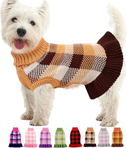 Dog Sweater Dress Plaid Knitwear for Small Medium Dogs Warm Puppy Pet Turtleneck Stretch Pullover Cute Fall Winter Vest Clothes with Leash Hole for Christmas (Coffee, 2XL)