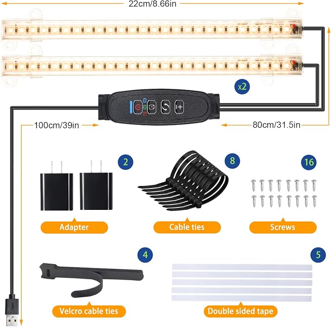 8.6'' Mini Two Strip Growing Lamp for Indoor Plants, 3000K Full Spectrum LED Grow Light Strips with Auto ON/Off 3/9/12H Timer & 10 Dimmable Levels for Green House Succulent (2 Head×2 Pack)