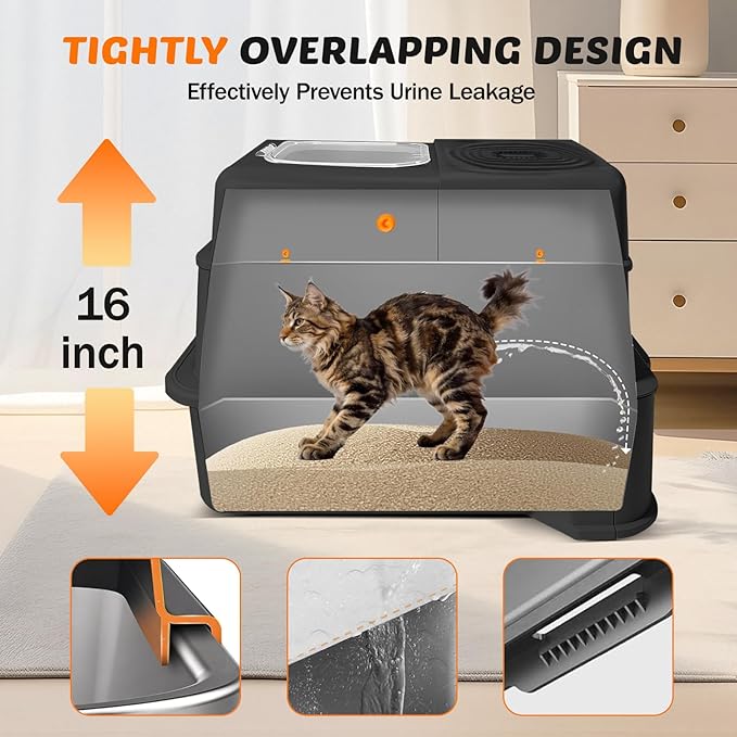 Stainless Steel Litter Box with Lid: XL Extra Large Cat Litter Box for Big Cats, Enclosed Kitty Litter Boxes with Drawer, High Sided Metal Cat Box with Scoop, Front & Top Entry, Odor Free, Non-Stick