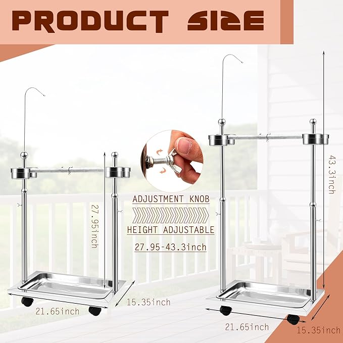 Tandefio Parrot Stand Bird Play Stand 21.65 x 15.35 x 27.95 Inches Large Metal Stainless Steel Bird Playstand Adjustable Height Perch with Universal Wheels and Feeding Bowls