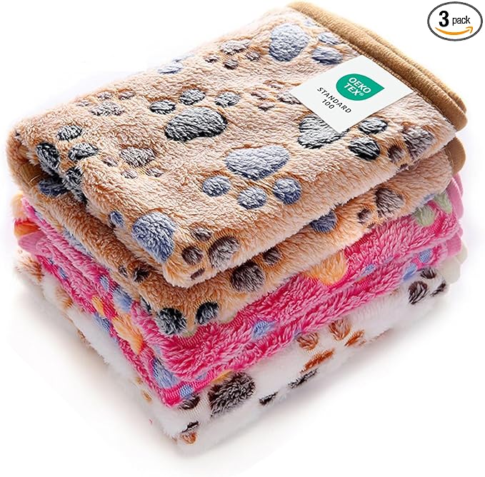 Luciphia 1 Pack 3 Blankets Super Soft Fluffy Premium Fleece Pet Blanket Flannel Throw for Dog Puppy Cat Paw Brown/Pink/White Small(23x16 inch)