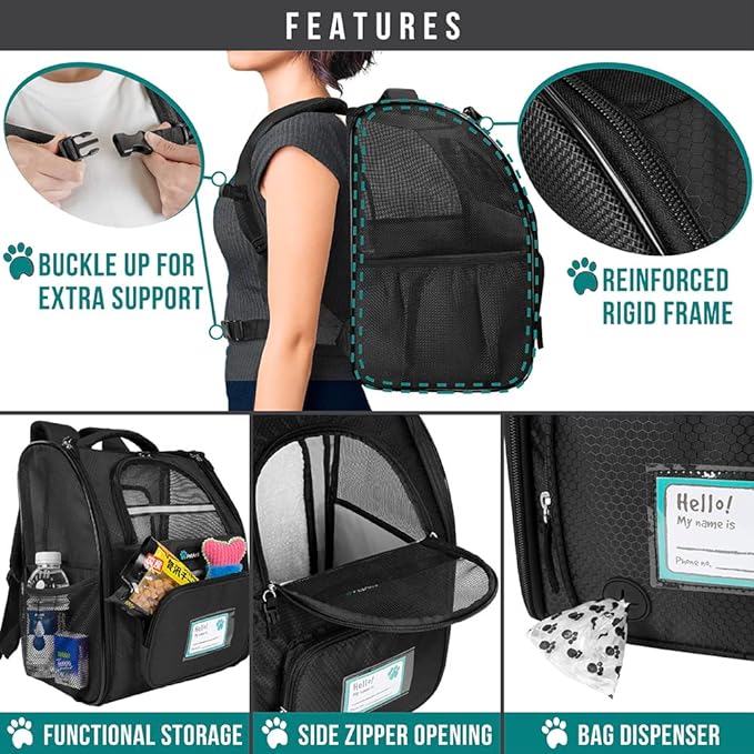 PetAmi Expandable Dog Backpack Carrier for Cats & Pets, Breathable Cat Carrier Backpack with Top Window & Multi-Entry, Ventilated Foldable Travel Carrier for Small Medium Pets up to 18 lbs, Black
