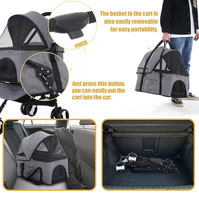 Dog Stroller Cat Stroller Pet stoller 3-in-1 Folding Dog Stroller for Small Medium Dogs Cats with Detachable Carrier Storage Basket Waterproof Lightweight for Travel,Grey