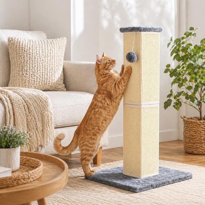 32" Tall Cat Scratching Post for Large Indoor Cats & Kittens, Cat Scratcher with Extra Large Stable Base and Natural Sisal, Sturdy Cat Scratch Post to Protect Furniture & Couch, Grey