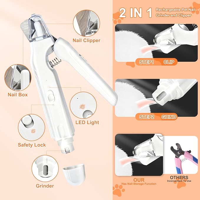 2-in-1 Dog Nail Grinder & Cat Nail Clippers Trimmers for Large Medium Small Dogs Cats Claw Trimmer Quick Sensor with 2 LED Lights Safety Guard USB Rechargeable Dogs Nail Trimmer (White)