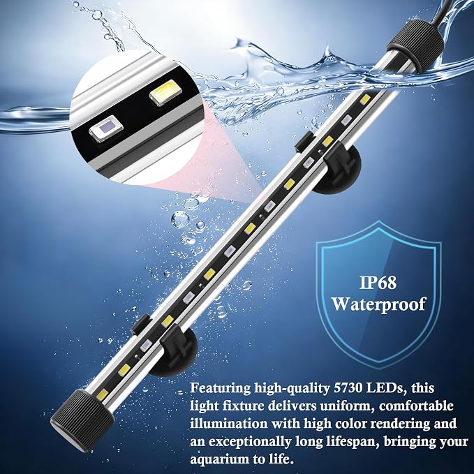 Dirvin LED Fish Tank Light with Timer, 24/7 Mode & 3 Color Aquarium Light | Submersible Adjustable Brightness, IP68 Waterproof, Sunrise-Daylight-Moonlight, Auto On/Off for Fresh and Salt Water, 6W